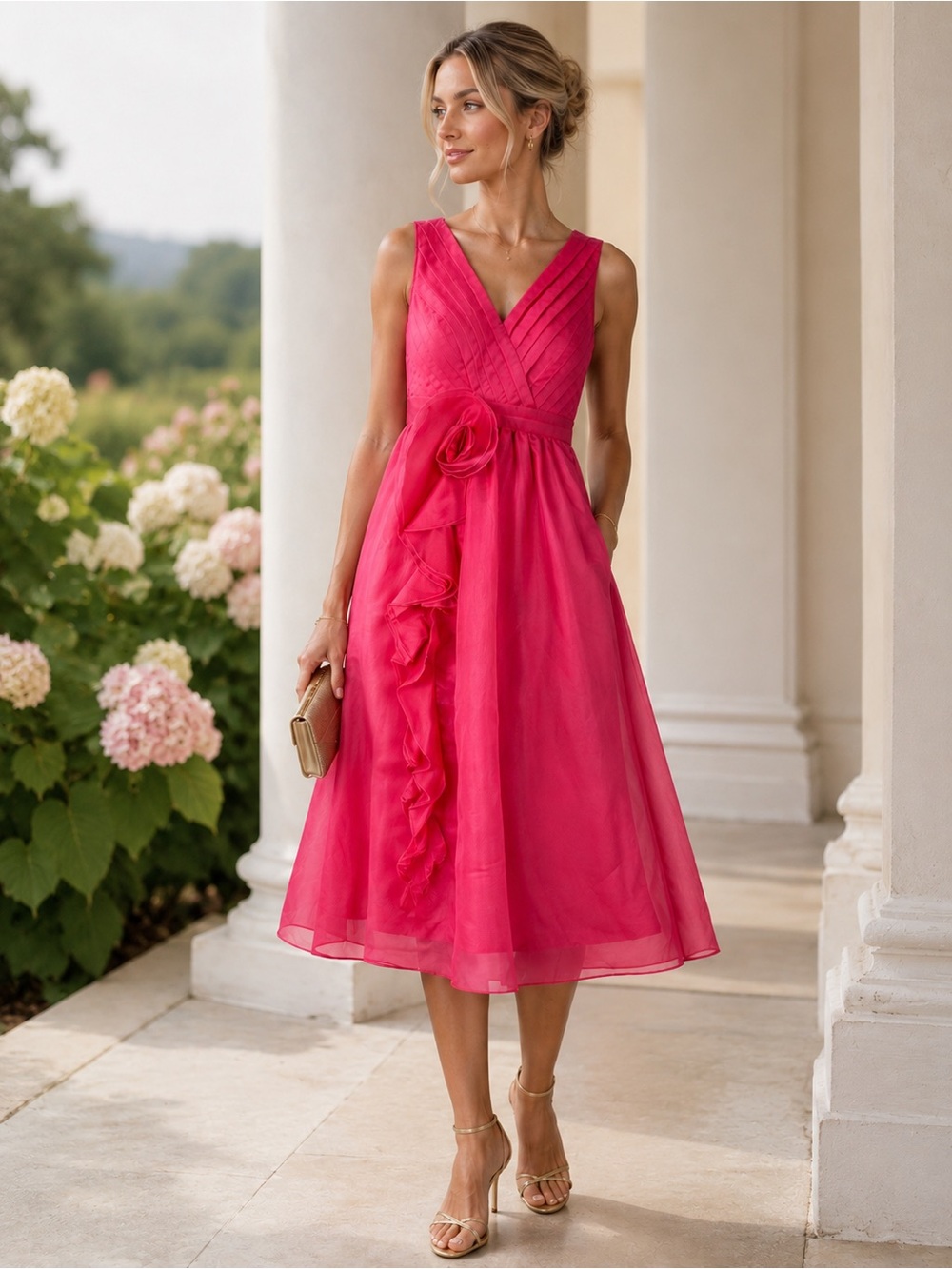 KAY UNGER Pink Floral Appliqué Organza Midi Dress